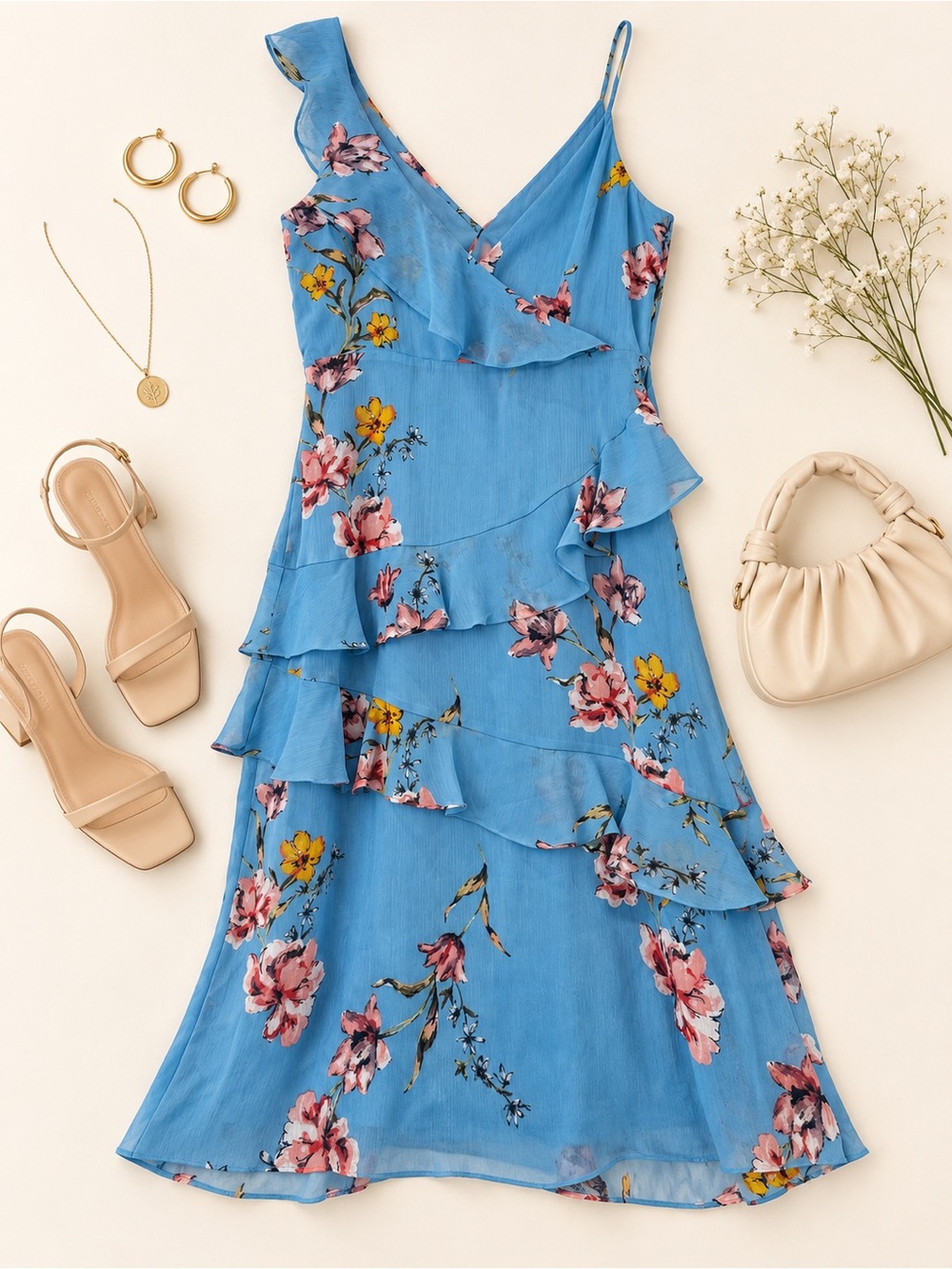 Avec Les Filles Floral Ruffle Midi Dress Size 8 Blue Cerulean NWT